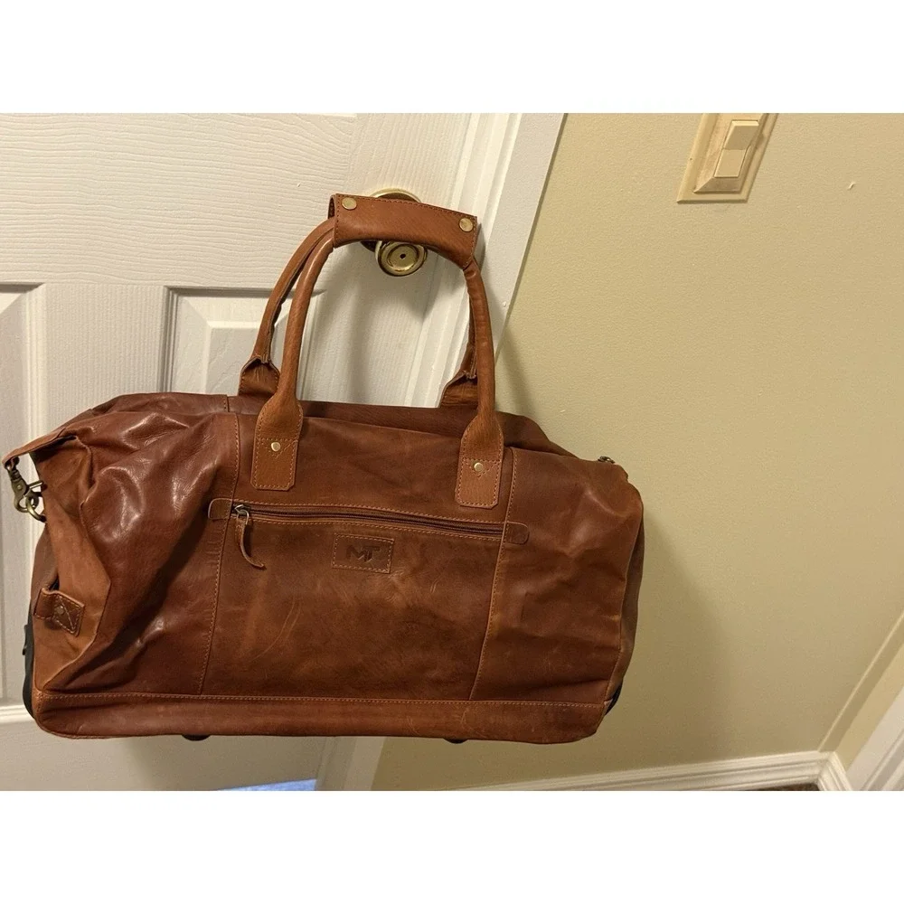 MaheTri Brown Leather Duffle Trolley Travel Bag